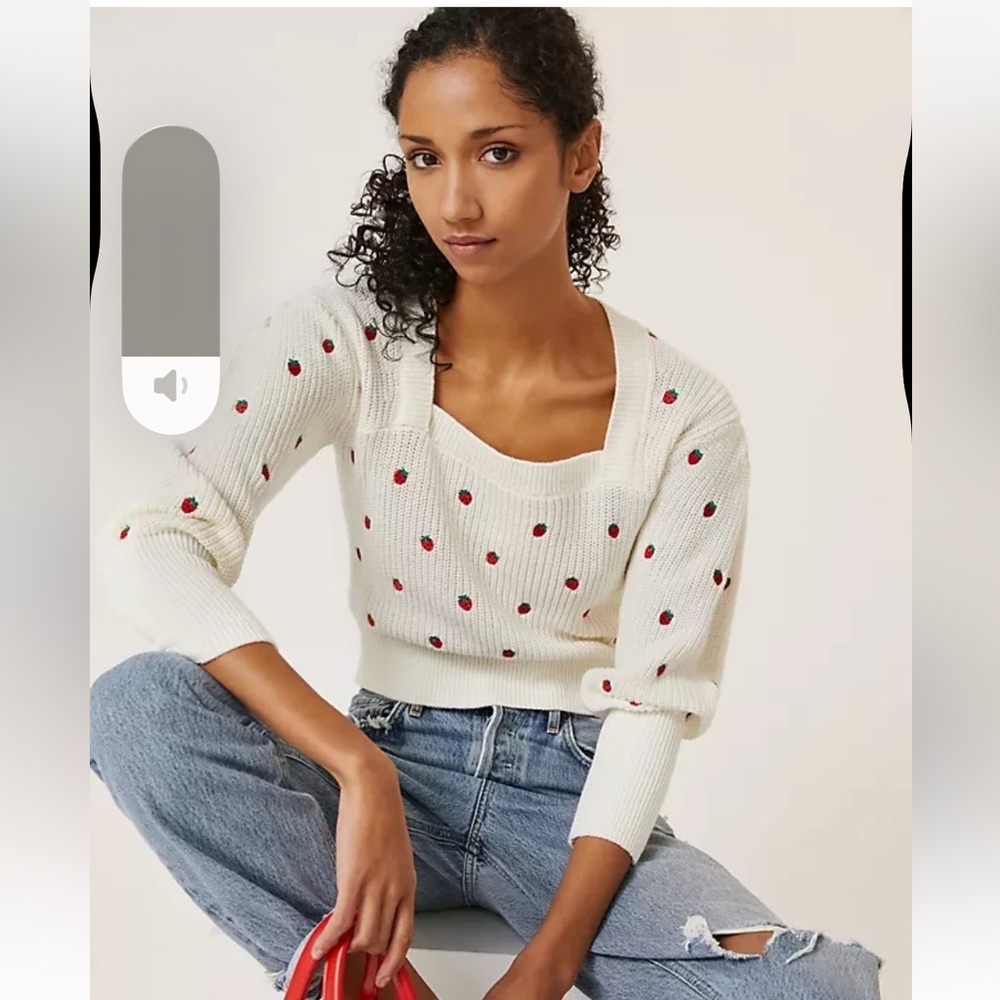 Maeve Cream Knit Crewneck Sweater with Red Strawberry Dots